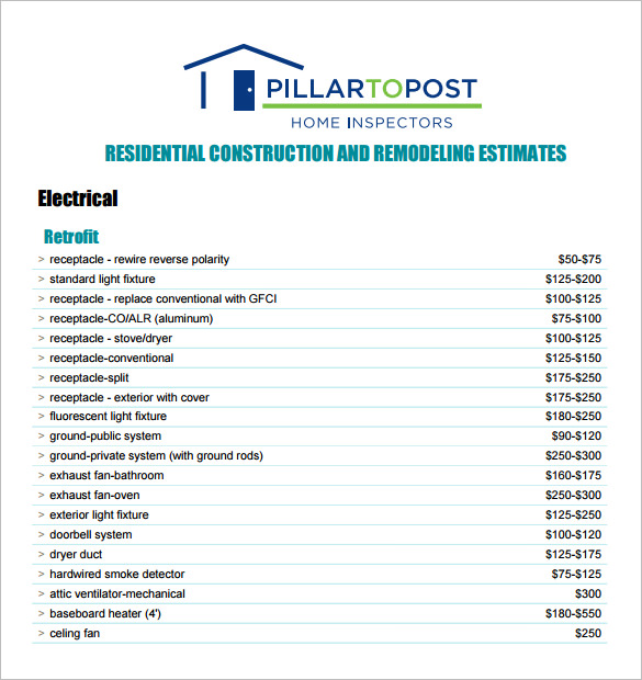 Construction Estimate Form Sample