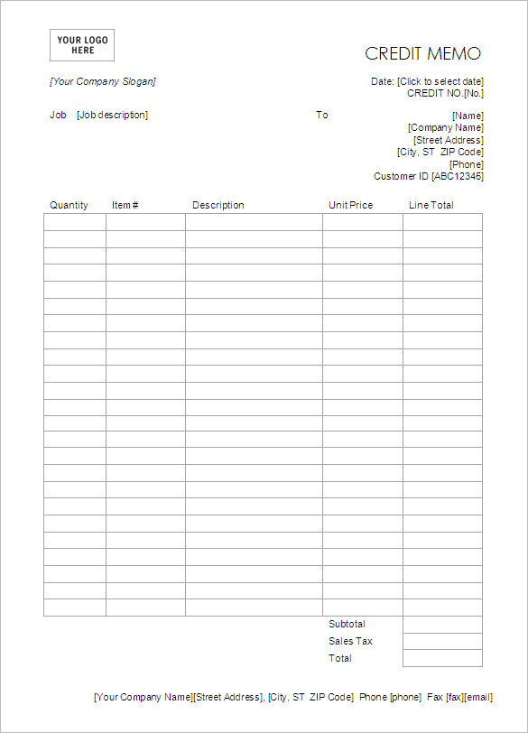 credit memo template excel