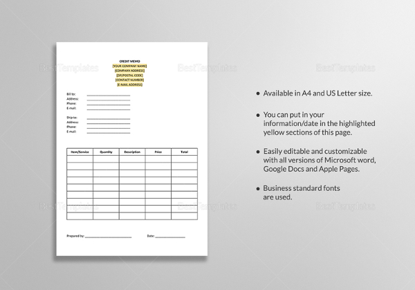 credit memo free templates