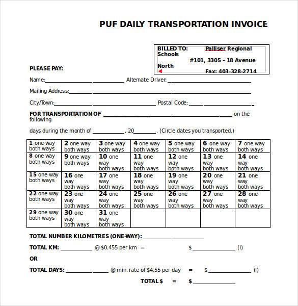 daily transportation invoice format in word