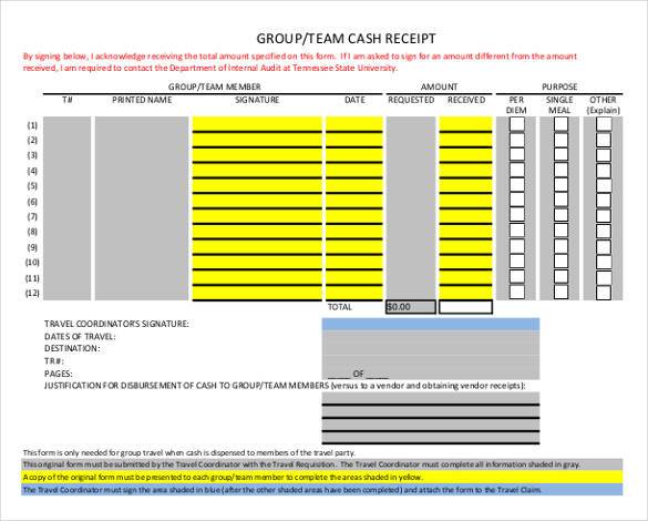 editable group team cash receipt form