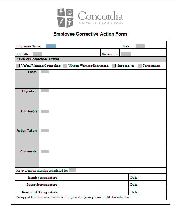 employee corrective action plan form template