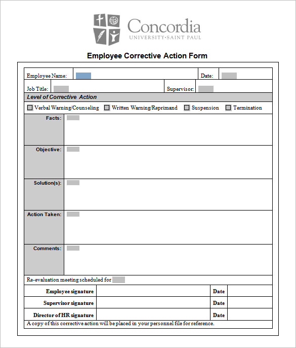 employee corrective action plan form template