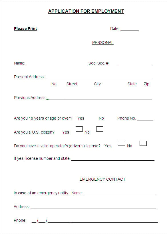 employment application template example