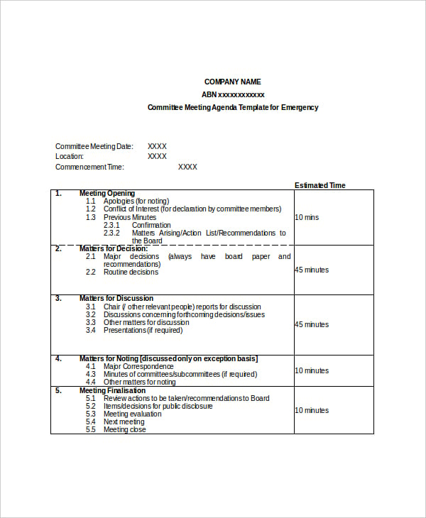 example committee meeting agenda template for emergency1