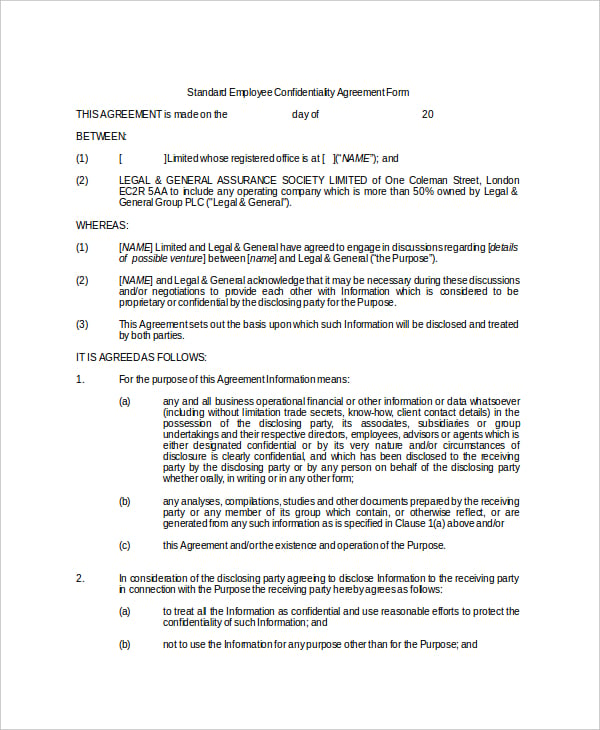 example standard form confidentiality agreement for employee