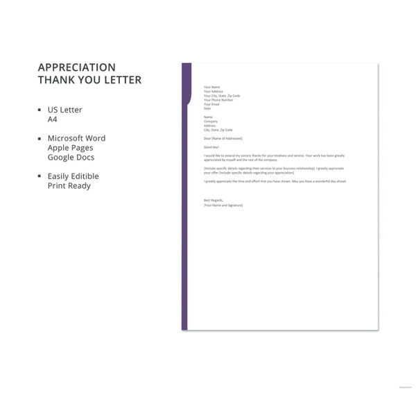 Thank You Letter for Appreciation 19  Free Word Excel PDF Format