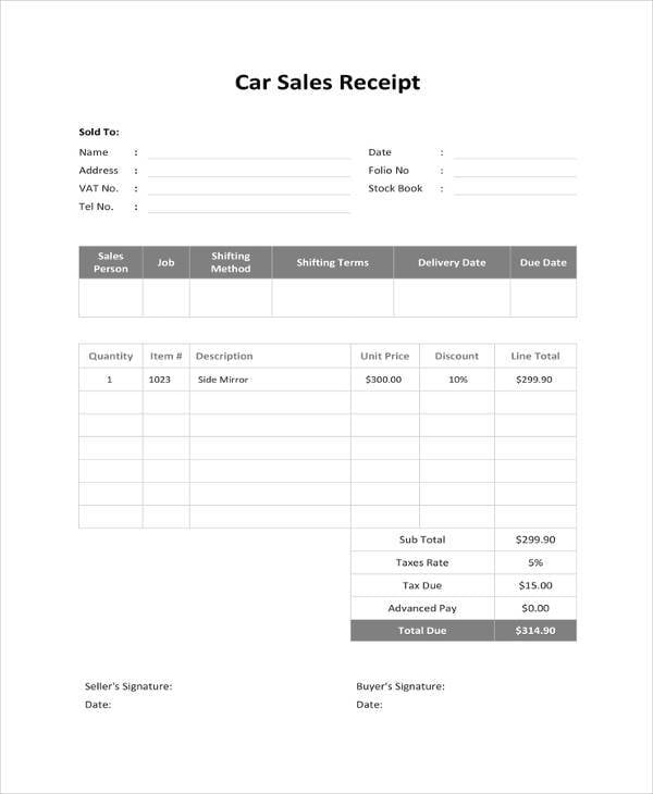 free car sale receipt template