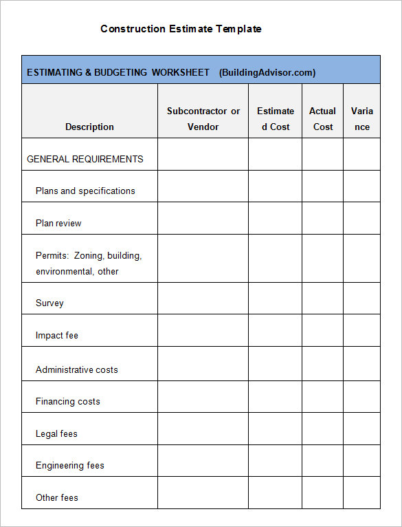 Construction Cost Estimate Template