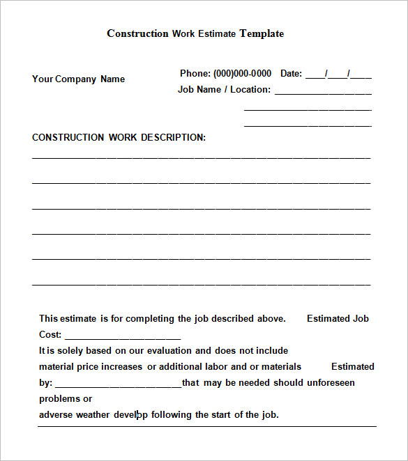 Free Download Construction Estimate Template