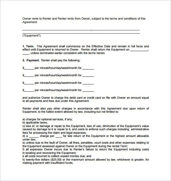 free equipment rent contract template