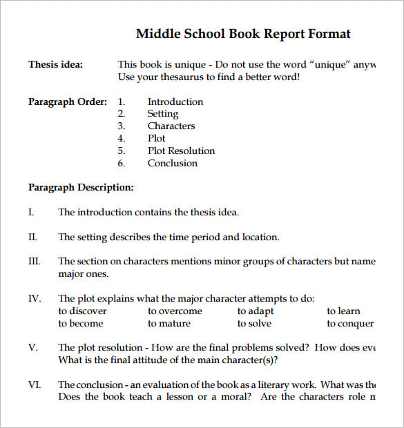 free middle school book report format