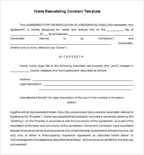 Free Remodeling Contract Template Word Printable Templates