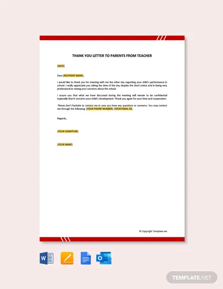 free thank you letter to parents from teacher template
