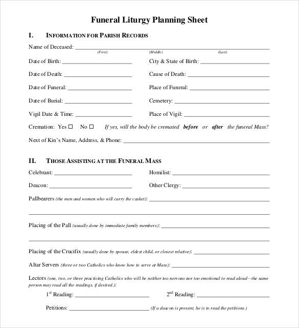 funeral liturgy planning sheet