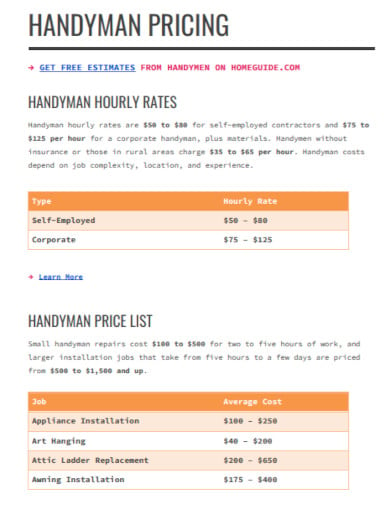 handyman hourly rate price list