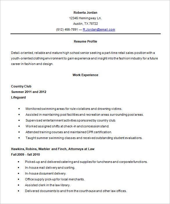 job resume template for high school student