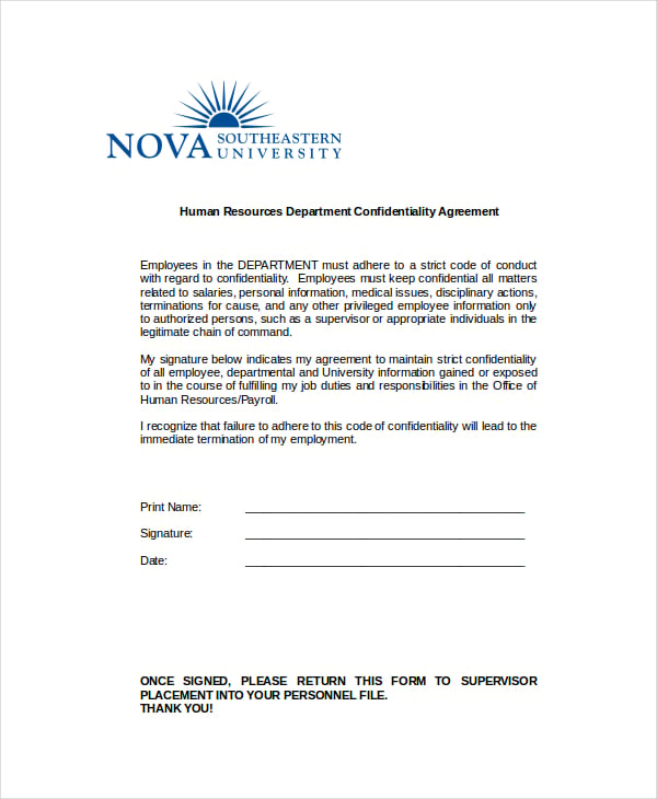 human resources department confidentiality agreement