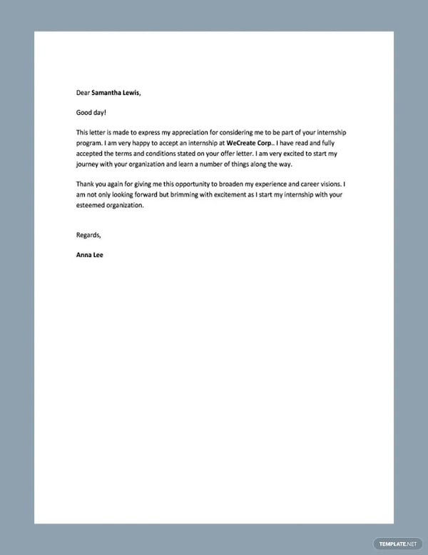 internship acceptance thank you letter template