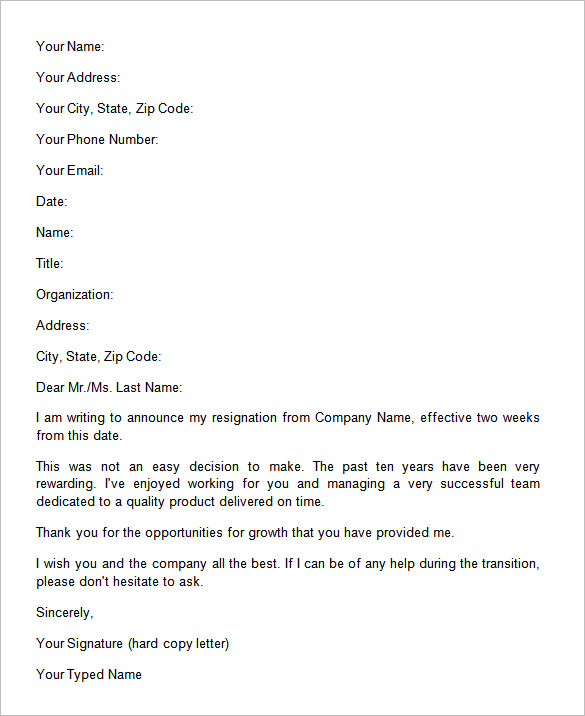 letter of resignation example two weeks notice