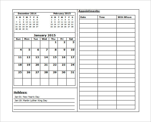 month appointment calendar template