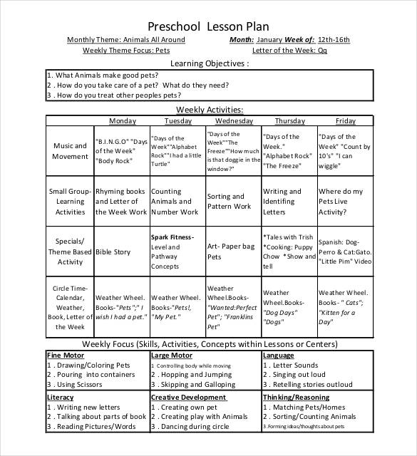 plan mensual de lecciones preescolares