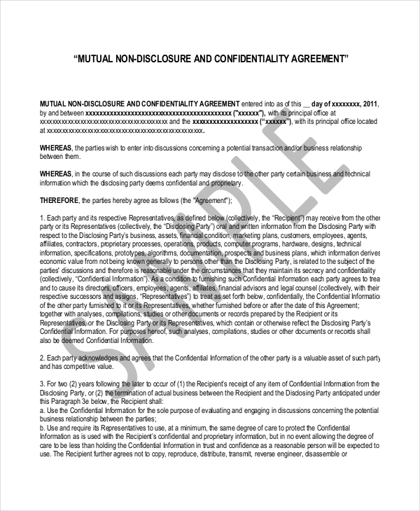 mutual non disclosure and confidentiality agreement