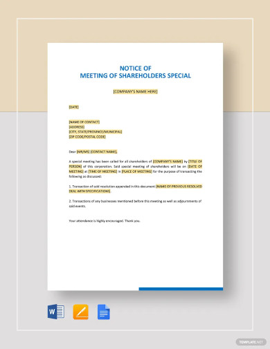 notice of meeting of shareholders special template