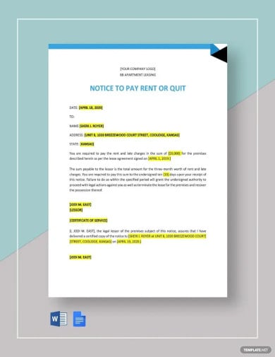 notice to pay rent or quit template
