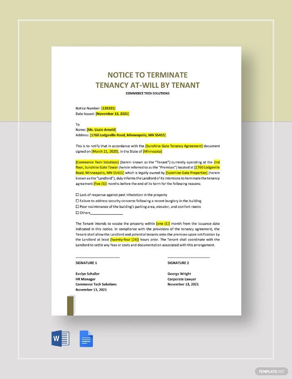 notice to terminate tenancy at will by tenant template