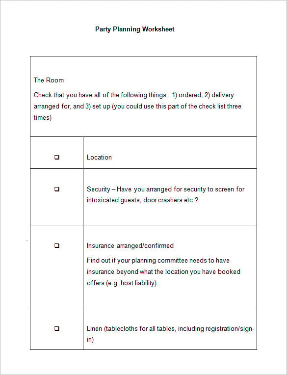 party event planning worksheet template format