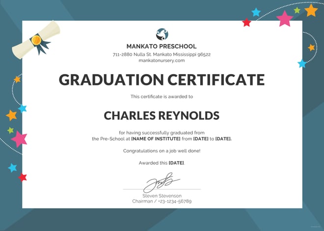 certificate graduation preschool template school templates certificates word printable format sample pdf file samples examples editable doc program downloads kb