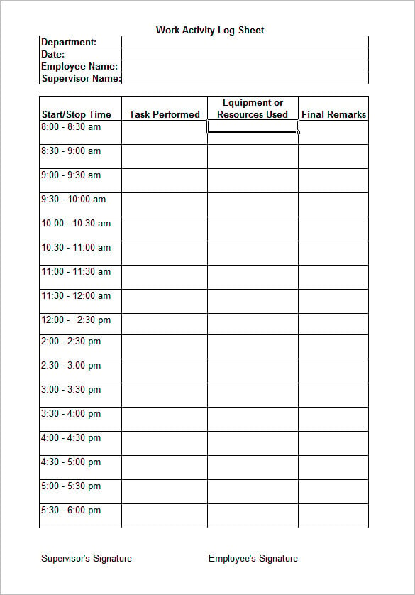 printable daily work log sheet template example
