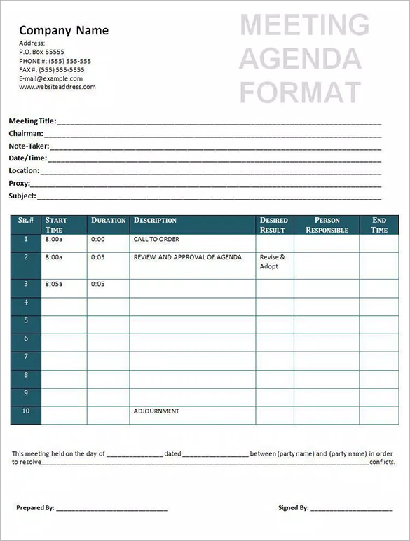 printable meeting agenda format form template free