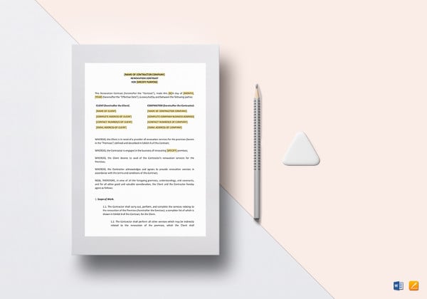 printable renovation contract template