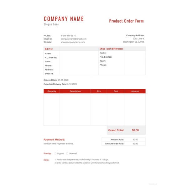product order form template