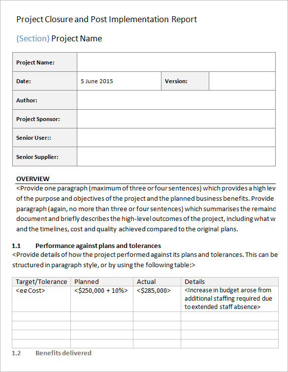 project closure and post implementation report template