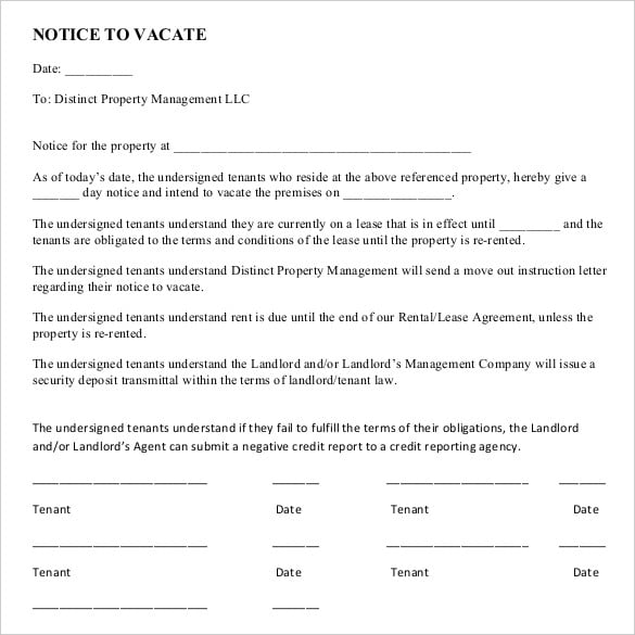 property notice of vacate