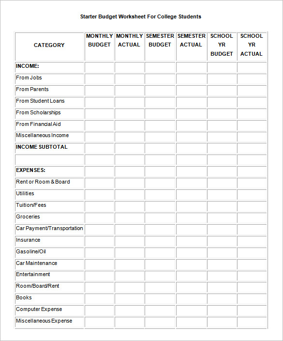 student budget plan example