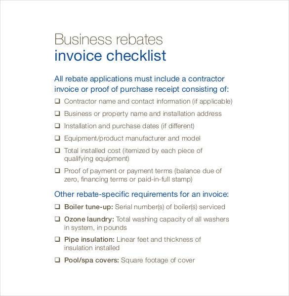 sample business rebates invoice checklist template