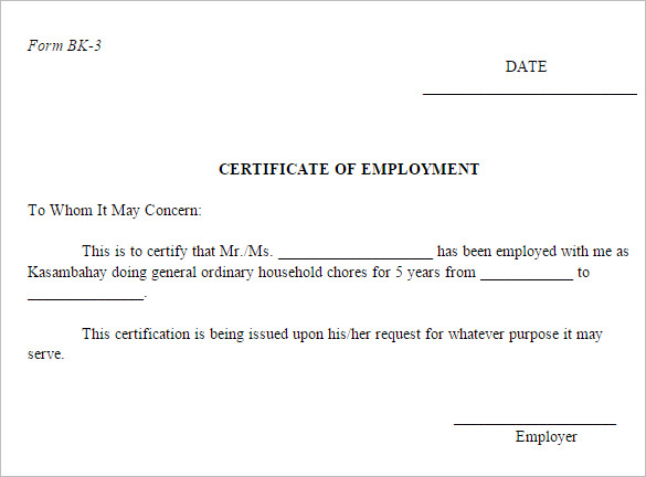 sample certificate of employment