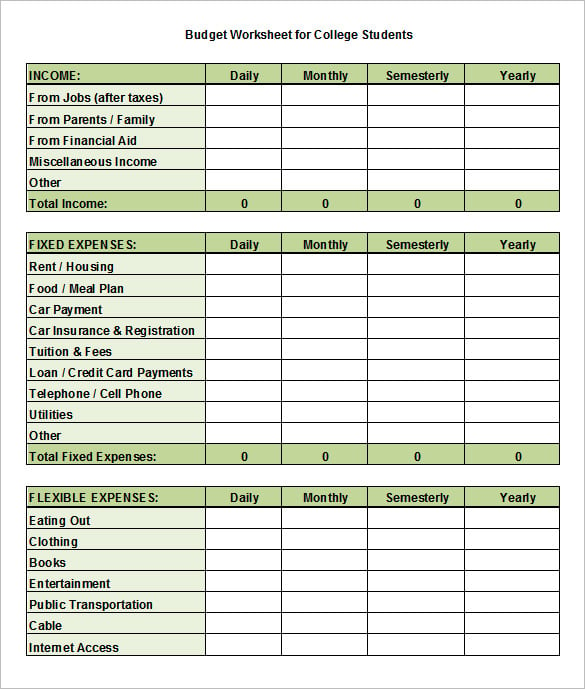sample college student budget template