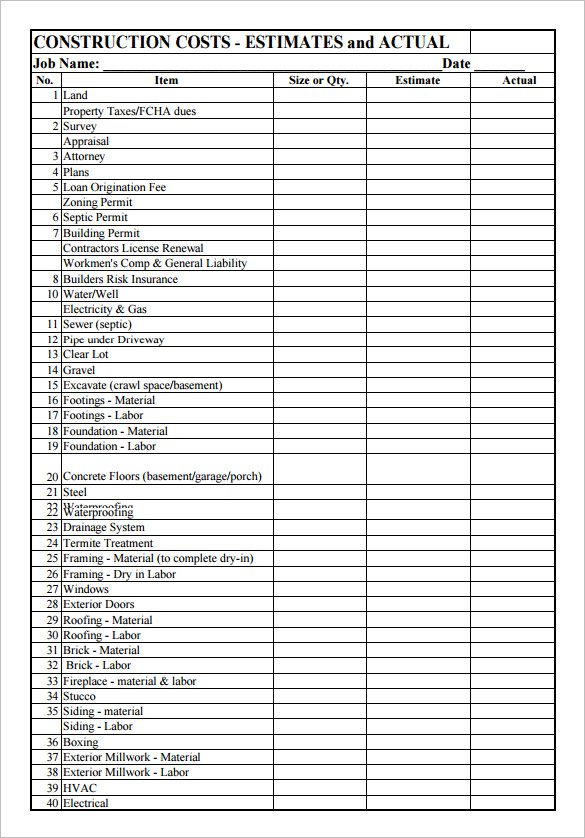 Sample Construction Estimate Template Pdf Download