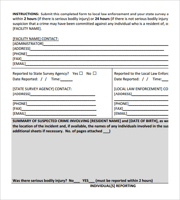 sample crime report form template