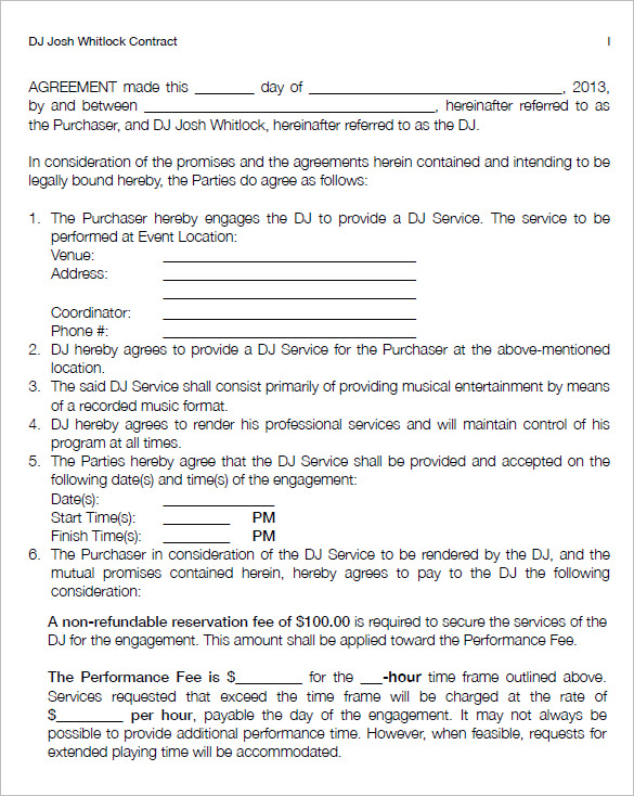 sample dj contract agreement template download