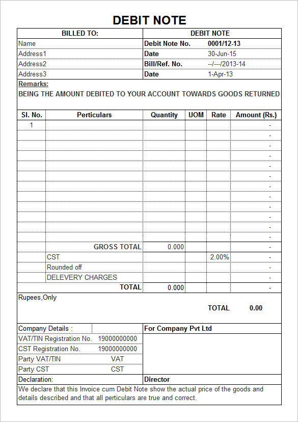 Debit Note Sample Excel Excel Templates