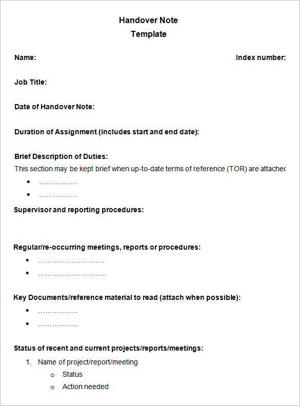 Accounting Handover Template Sample Handover Note Template