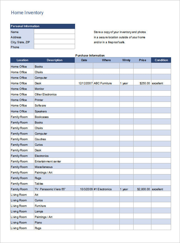 sample home inventory sheet template download