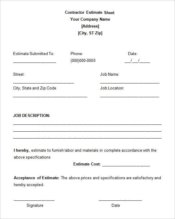 sample job estimate template for contractor