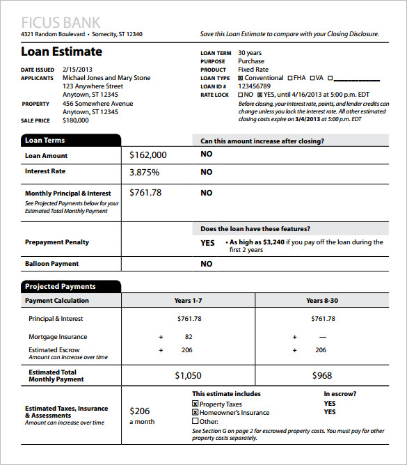 sample loan estimate template pdf download